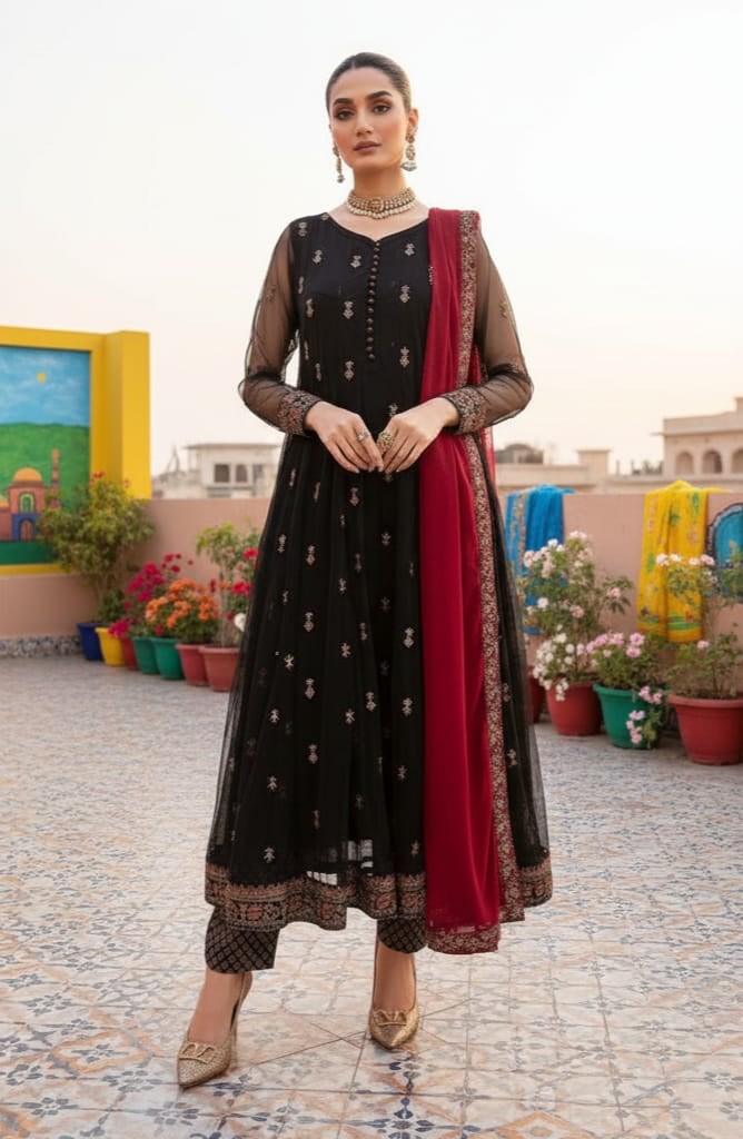 Organza 3 Piece Embroidered Frock - 216
