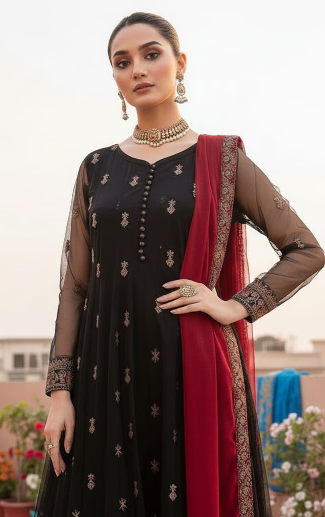 Organza 3 Piece Embroidered Frock - 216