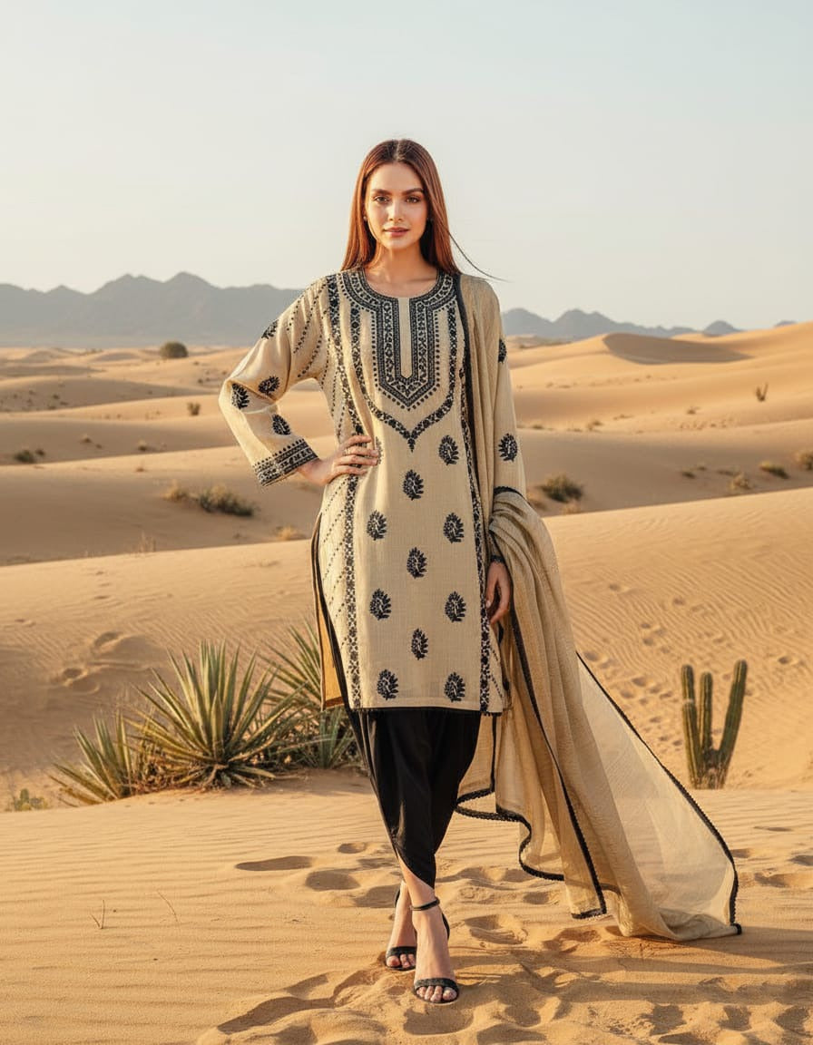 Khaddar 3 Piece Embroidered Dress - 415