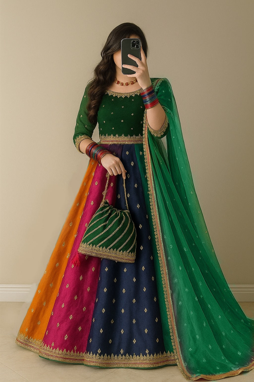 Kataan Silk 3 Piece Embroidered Lehenga - 389
