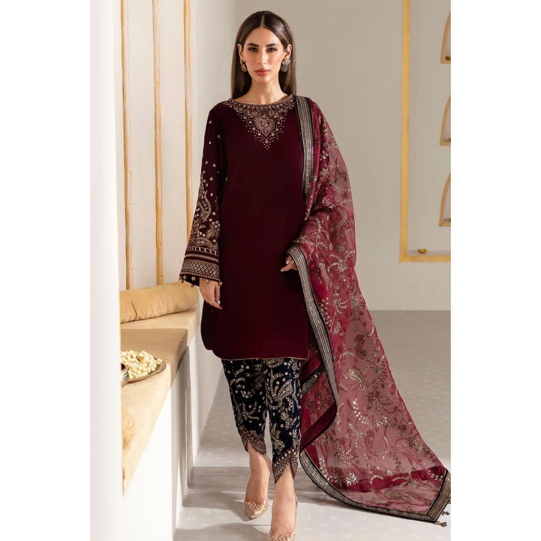 Velvet 3 Piece Embroidered Dress -215