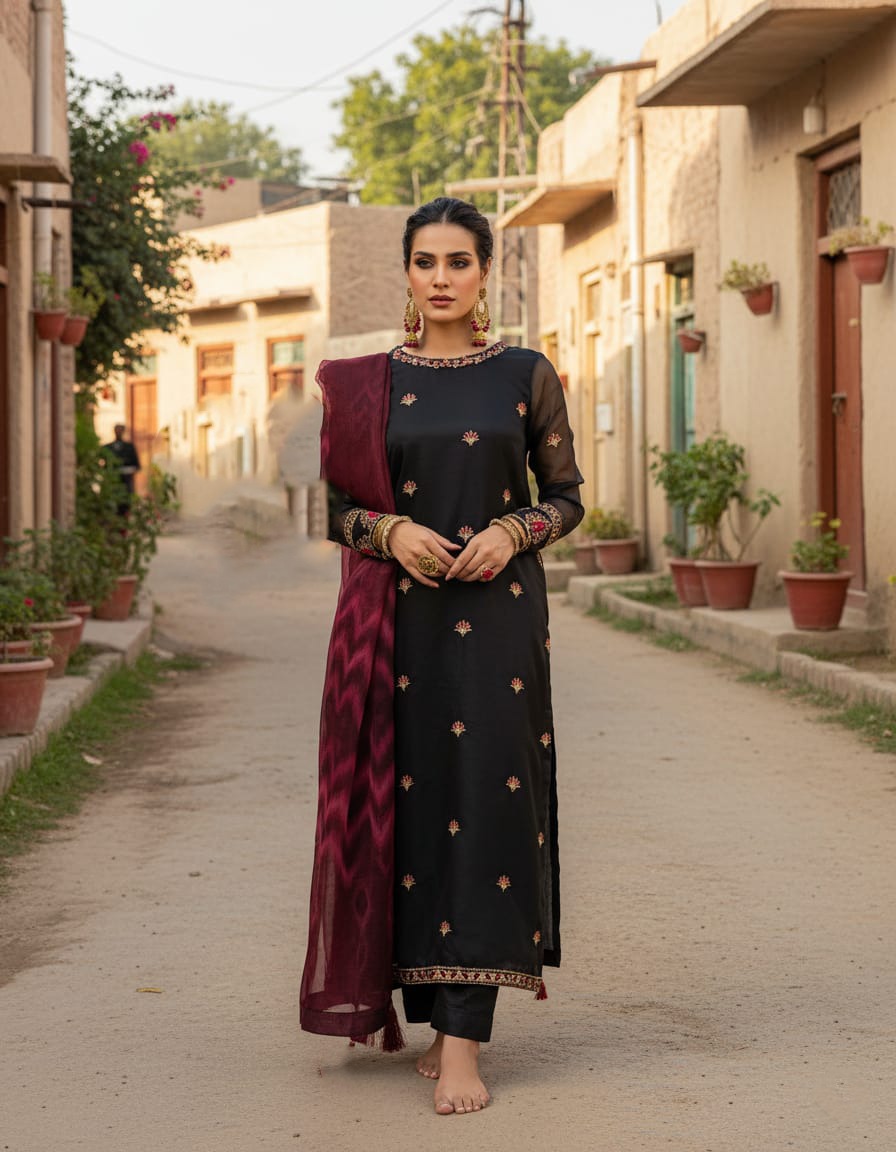 Organza 3 Piece Embroidered Dress - 46