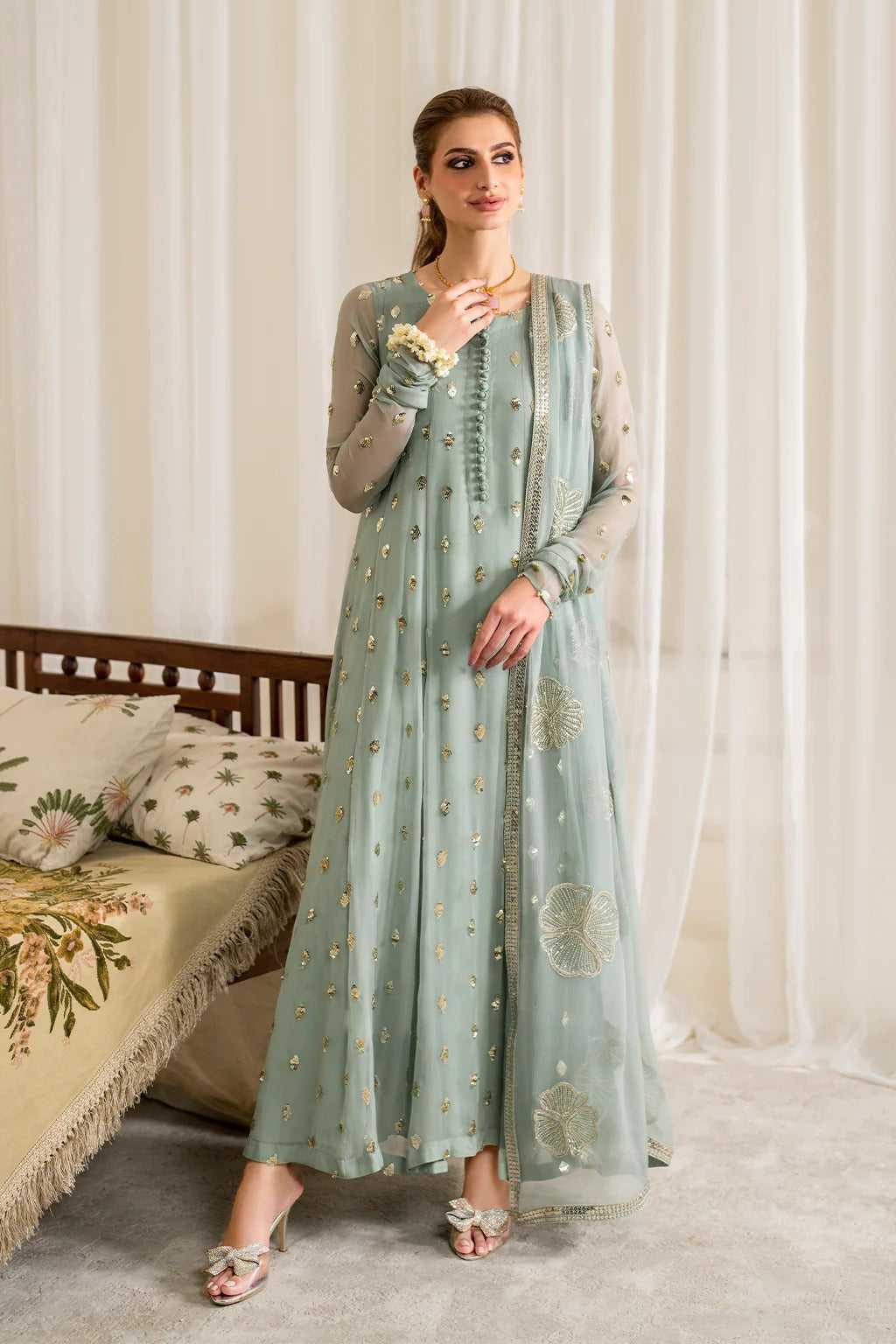 Chiffon 3 Piece Sequin Embroidered Dress - 404