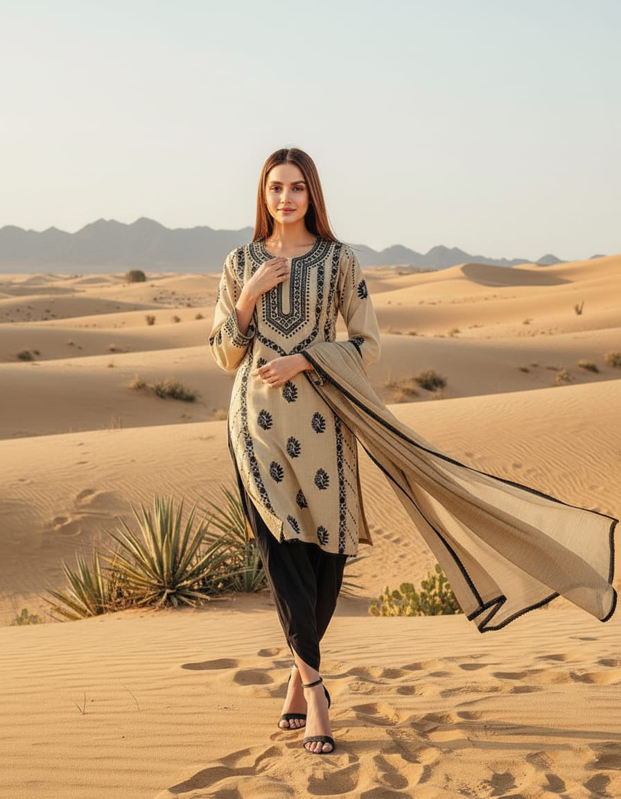 Khaddar 3 Piece Embroidered Dress - 415