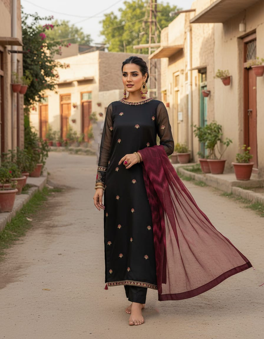 Organza 3 Piece Embroidered Dress - 46