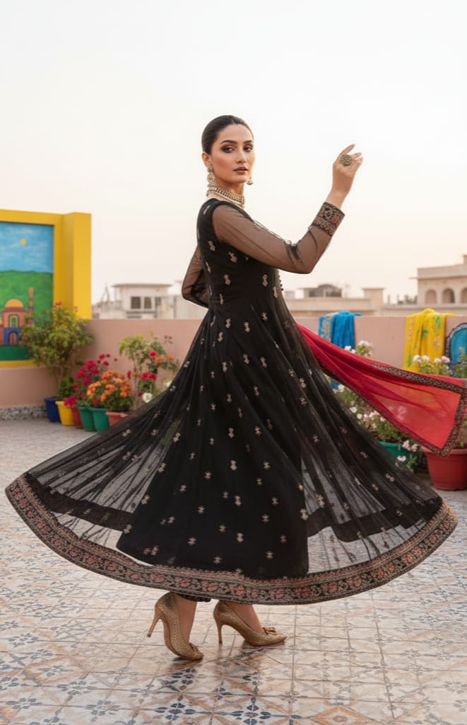 Organza 3 Piece Embroidered Frock - 216